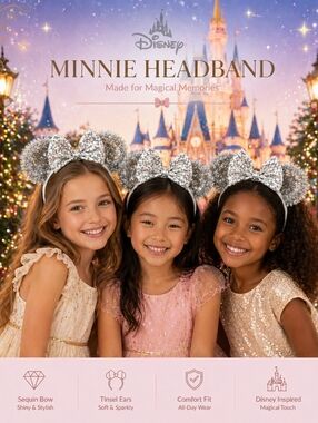 Nwt Sparkly Minnie Mouse Holiday Headband with Tinsel Ears & Sequin Bow ✨🎀
